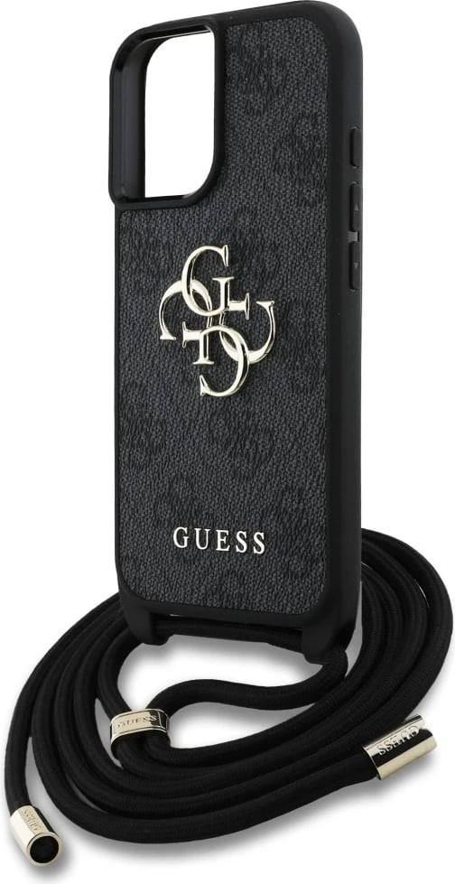 Mbështjellës Guess 4G Big Logo Cord Stap Crossbody për iPhone 16 Plus, i zi