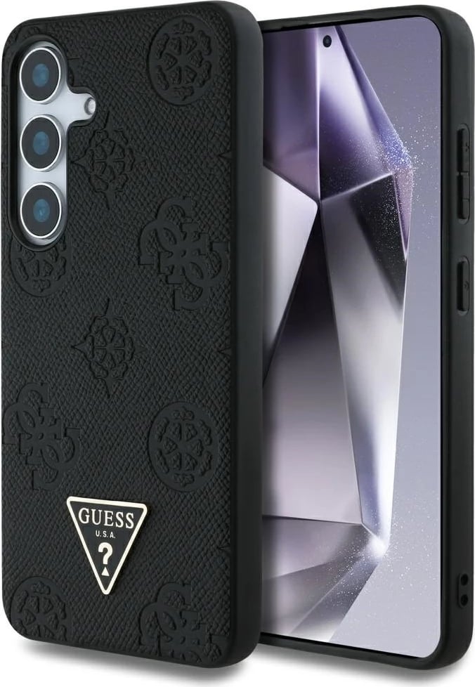 Mbështjellës Guess Grained Hot Stamp Peony Pattern Triangle Logo MagSafe për Samsung Galaxy S25, i zi