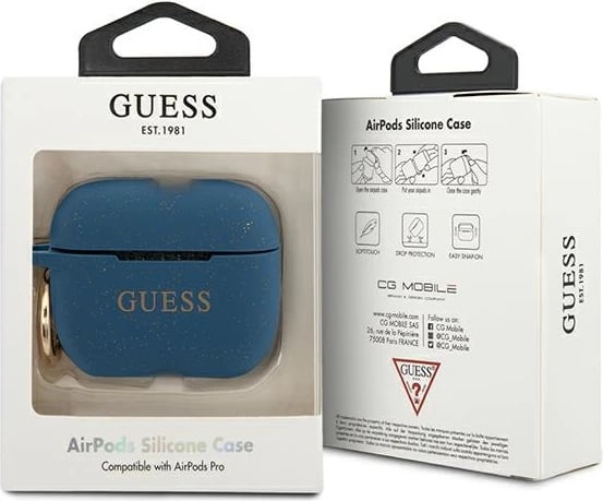 Mbështjellës Guess GUACAPSILGLBL për AirPods Pro, silikon, kaltër me shkëlqim
