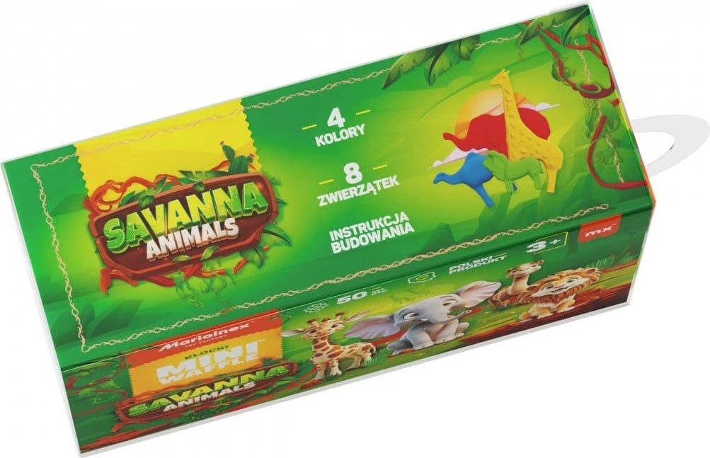 Set blloqesh ndërtimi Marioinex Mini Waffle Animals Savanna, 50 pjesë, plastikë e ricikluar, shumëngjyrëshe