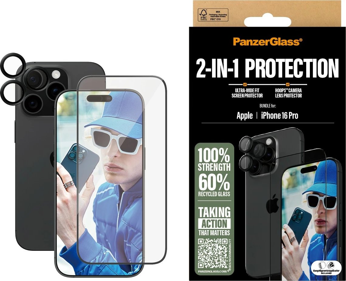 Mbështjellës PanzerGlass për iPhone 16 Pro, 2-në-1, ekran + kamera, transparent