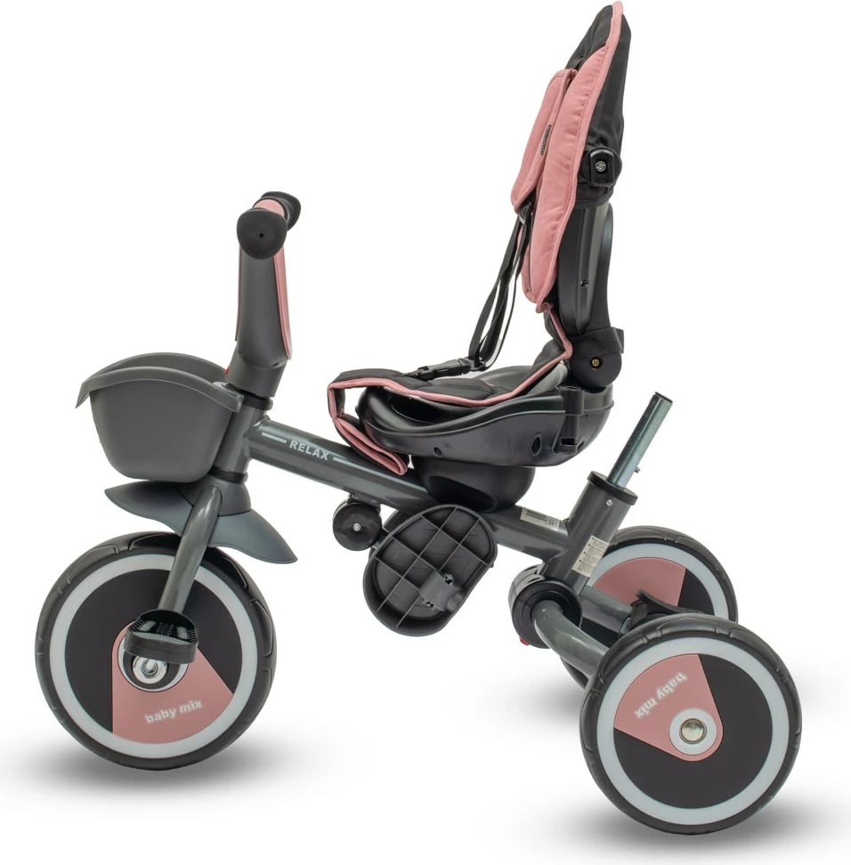 tricikletë fëmijësh 5n1 me shufër udhëzuese, BABY MIX RELAX, sedilje rrotulluese 360°, kornizë çeliku, rrota EVA, rozë