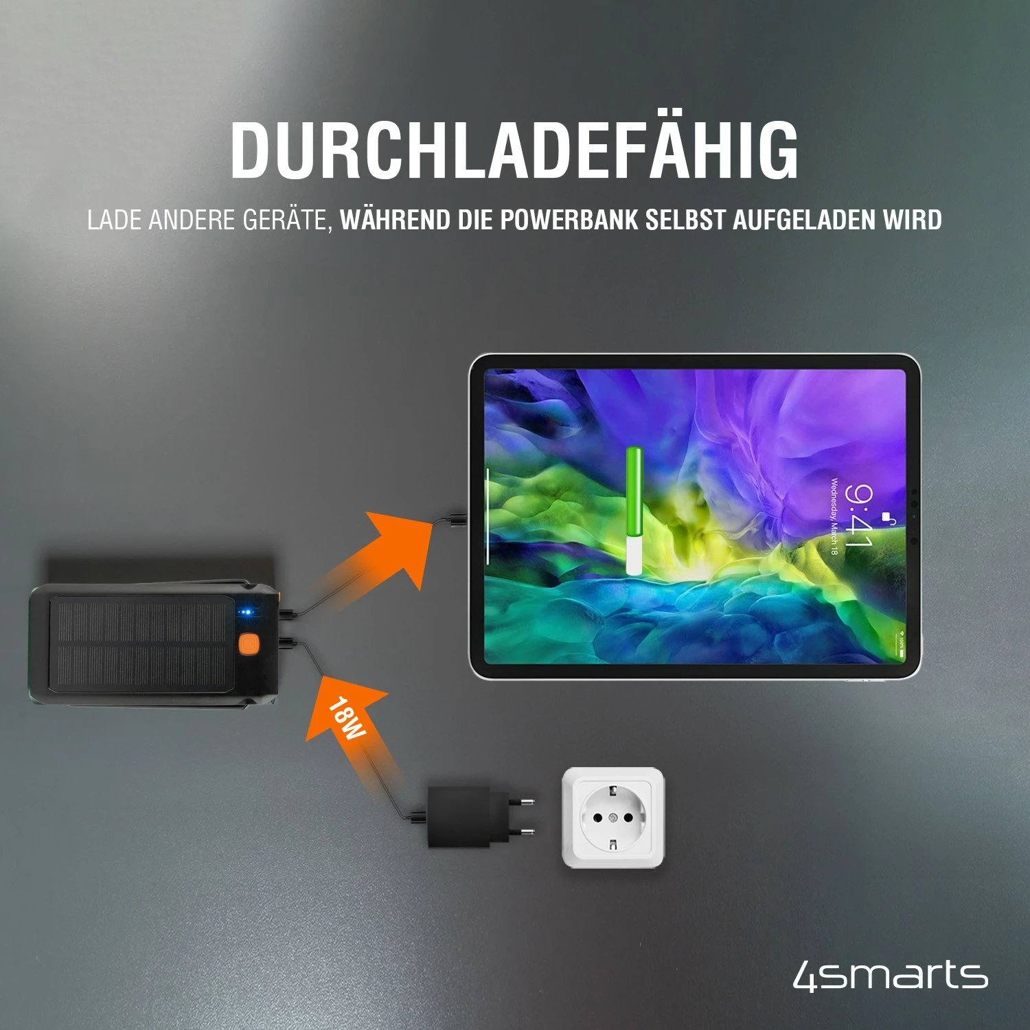 Powerbank 4smarts TitanPack Flex 10000 mAh, Quick Charge 3.0, e zezë, portokalli