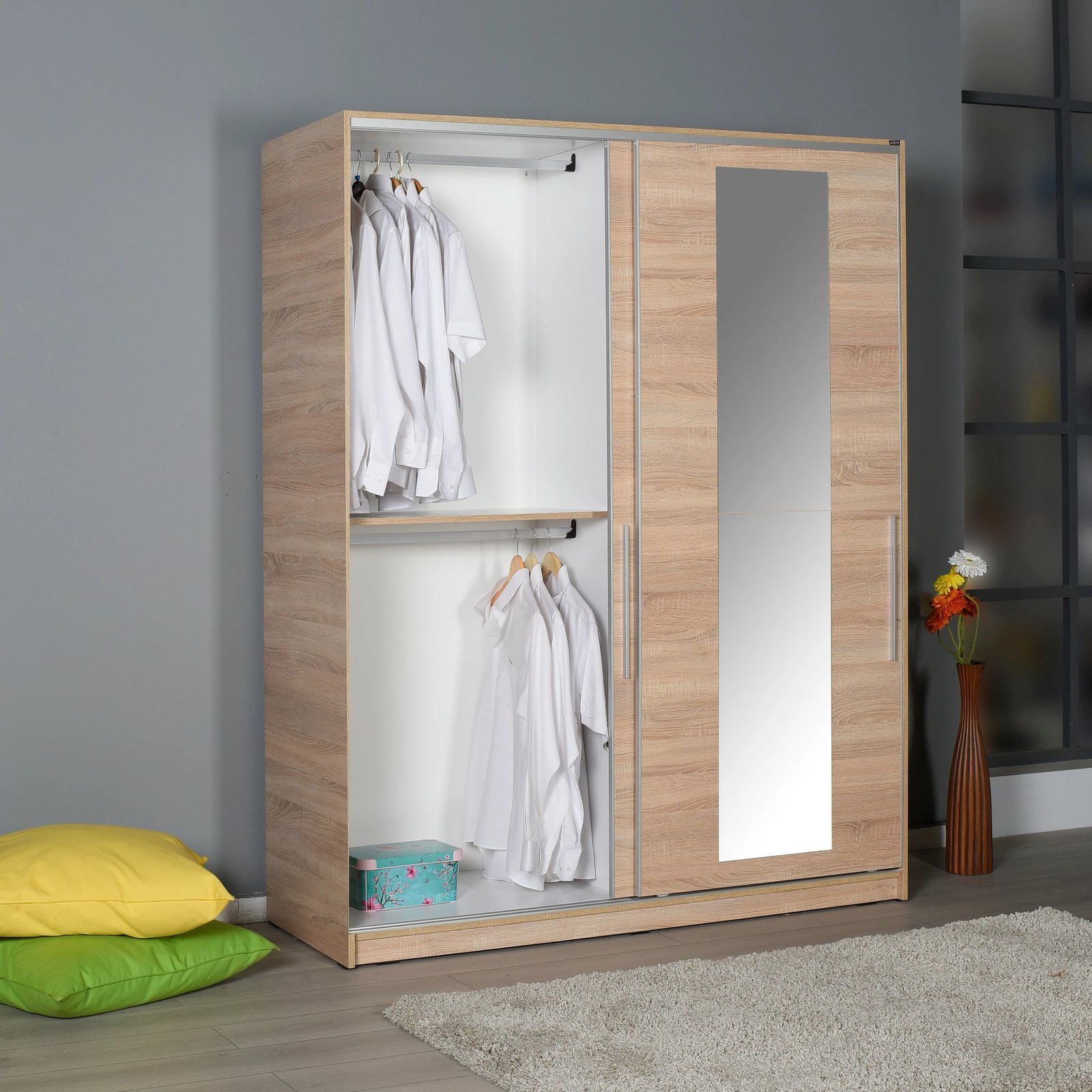 Dollap Hanah Home, SWD-716-SS-3, ngjyrë sonomo, me derë pasqyre, 160x207x60cm