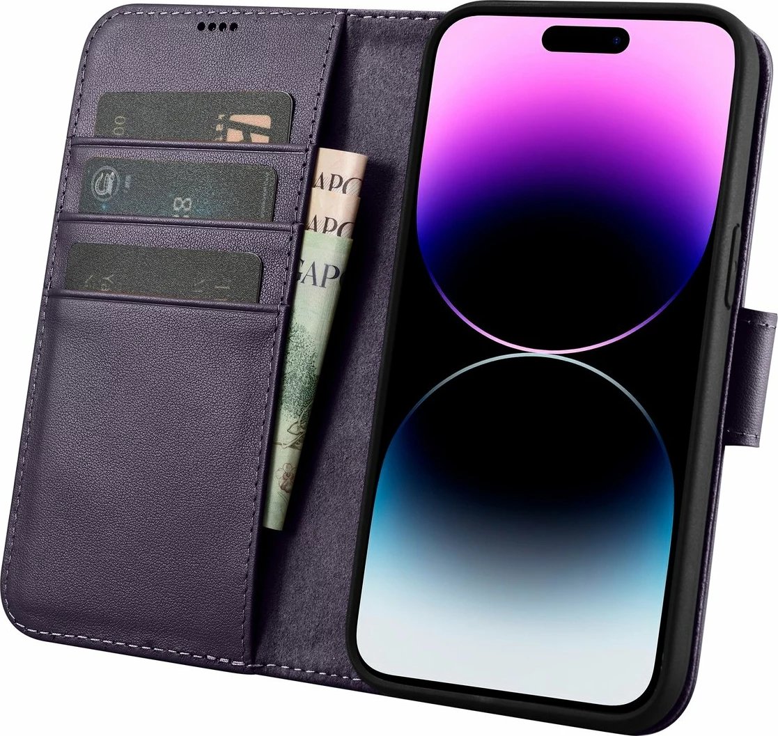 Mbështjellës iCarer Wallet Case 2in1 për iPhone 14 Pro Max, lëkurë natyrale, Anti-RFID, Vjollcë e errët