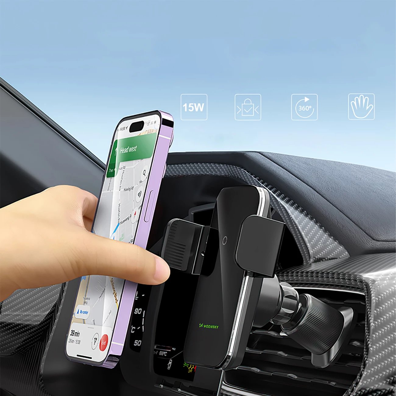 Mbajtës telefoni me karikues wireless Wozinsky WEDZ-3Y8S për veturë, 15W, i zi