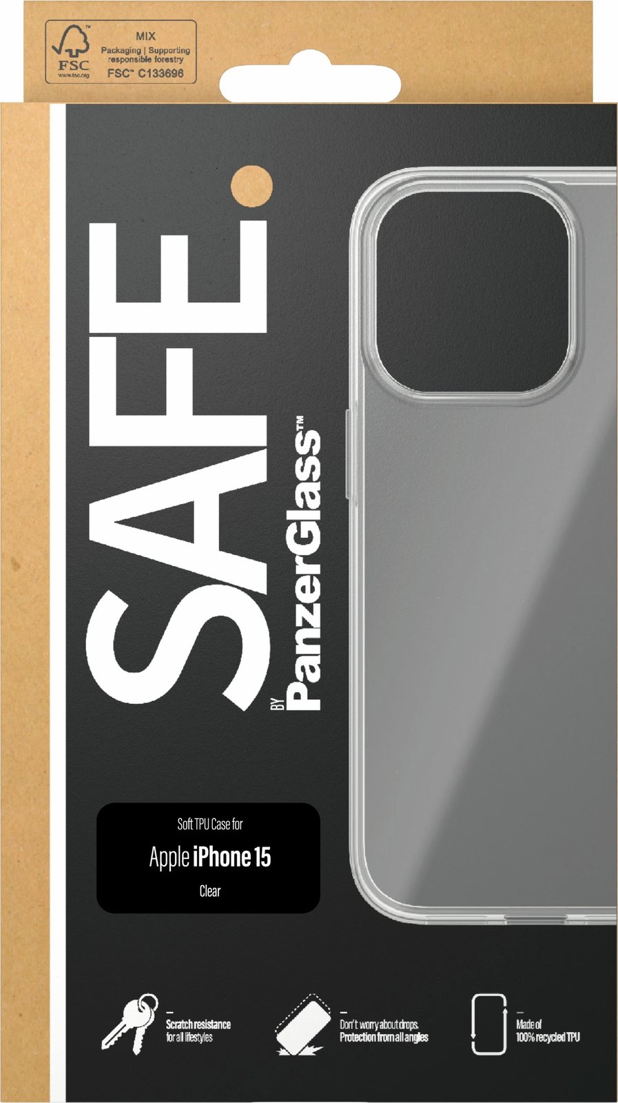Mbështjellës PanzerGlass SAFE. TPU për iPhone 15 transparent