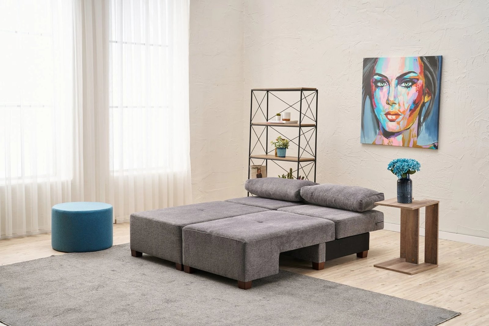 Divan-krevat treshe, pëlhurë chenille, ngjyrë gri, Perenna