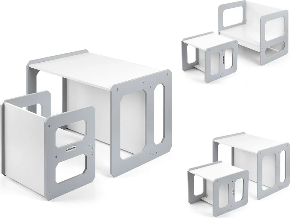 Set mobilje fëmijësh 3‑në‑1, Milly Mally, Stella, modulare MDF, tavolinë + karrige, për moshat 3–6 vjeç, gri, set