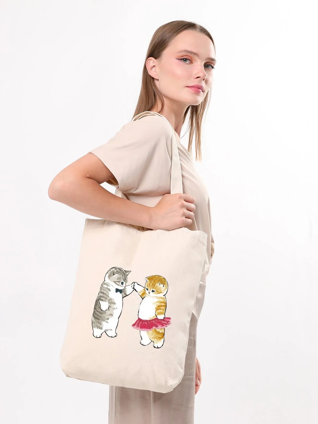 Torbë tote Zoozie Bags, krem, 35x40x8cm, me mace të vizatuara