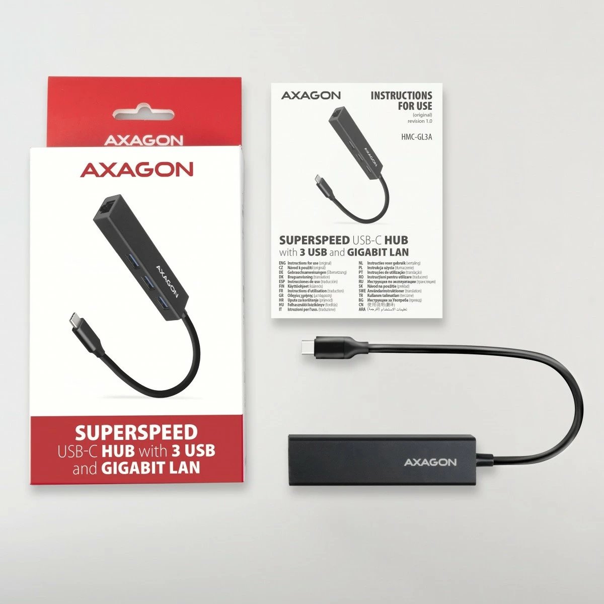 Multiport USB hub AXAGON HMC-GL3A, 3x USB-A 3.0, GLAN, kabllo USB-C 20cm, i zi