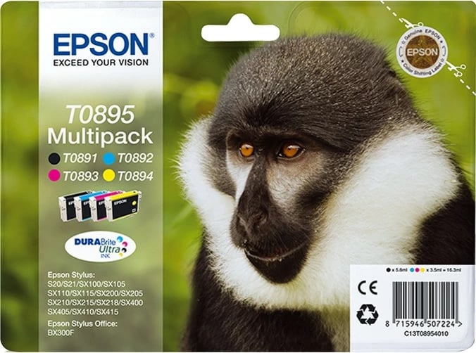 Multipack bojë Epson Monkey T0895, 4 ngjyra, 5.8 ml, 3.5 ml, Multi pack