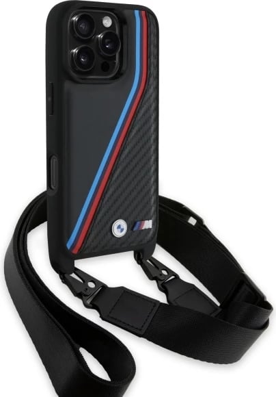 Mbështjellës BMW M Edition Carbon Tricolor Lines me rrip, për iPhone 16 Pro, i zi