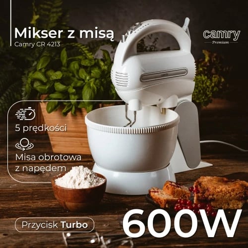 Mikser me tas, Adler CR 4213, 3L, 5 shpejtësi, Turbo, 300W (max 600W), i bardhë