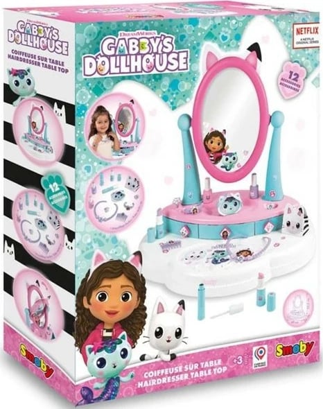 Tavolinë grimi për fëmijë Smoby Gabby's Dollhouse, me 12 aksesorë, Rozë/Kaltër/E bardhë