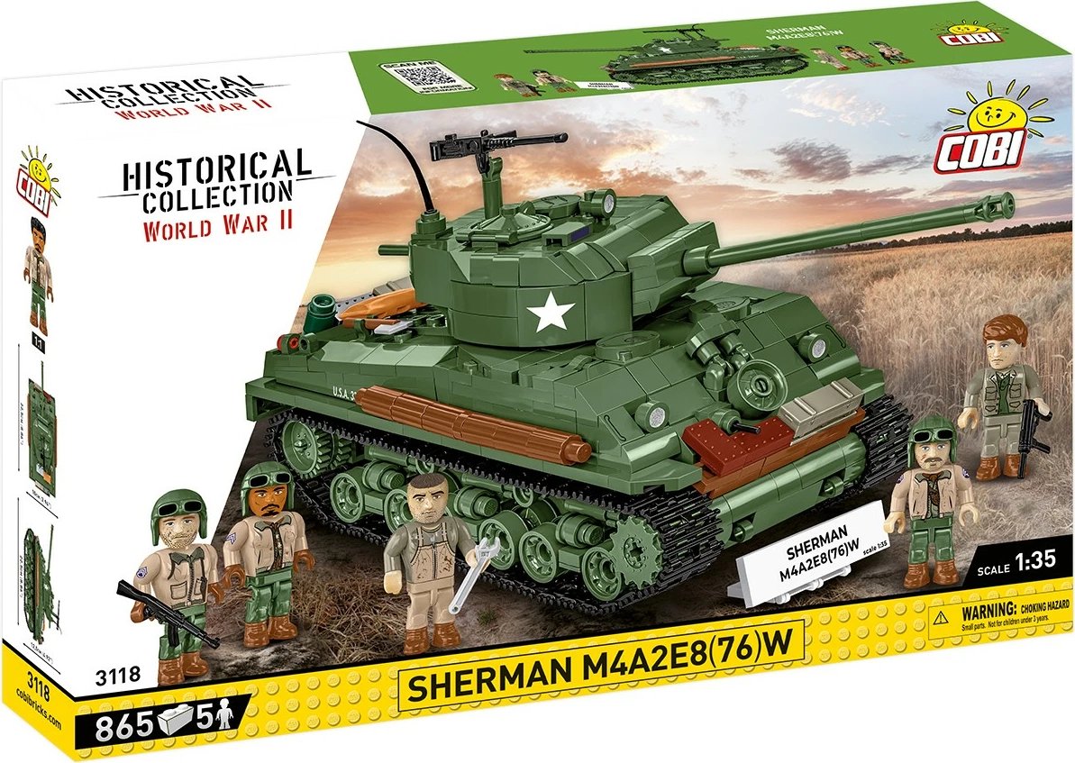 Set blloqesh Cobi Sherman M4A2E8 (76)W, 865 pjesë, 5 figurina, Jeshile