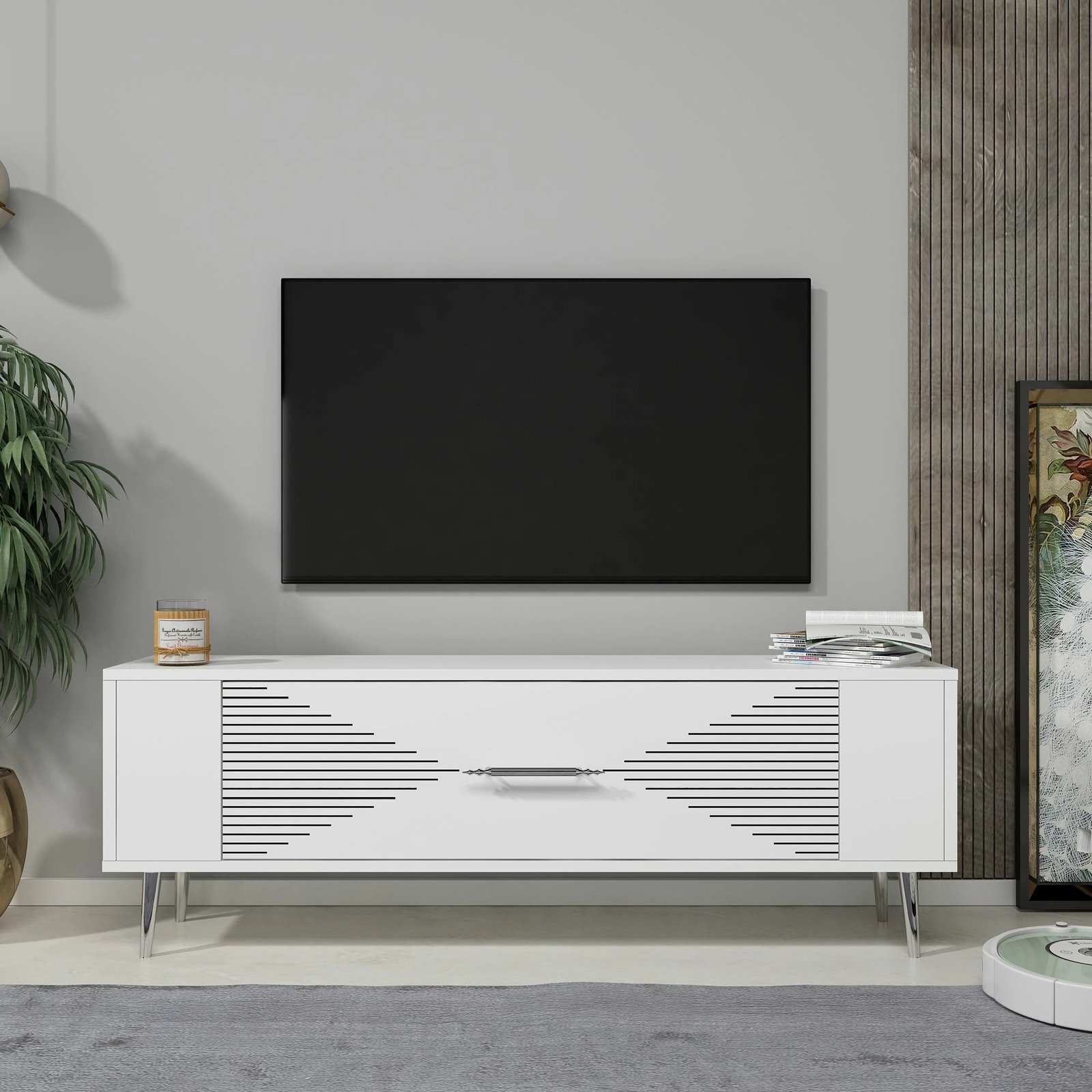 Komodë TV Skye Decor, Retrol1, e bardhë, argjend