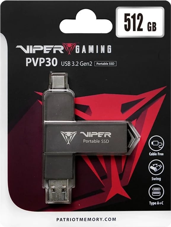 SSD i jashtëm Patriot Viper PVP30 Duo Compact 512GB, USB A+C, Gri