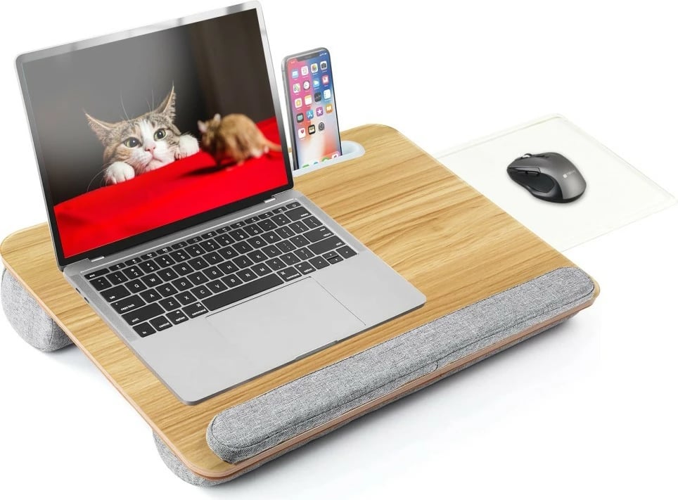 Podstavec laptopi Techly ICA-TBL 102 me bazë të butë, raft maus, 410x335mm, Gri/Dru