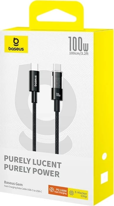 Kabllo Baseus Gem USB C në USB C, 1 m, 100 W, E zezë