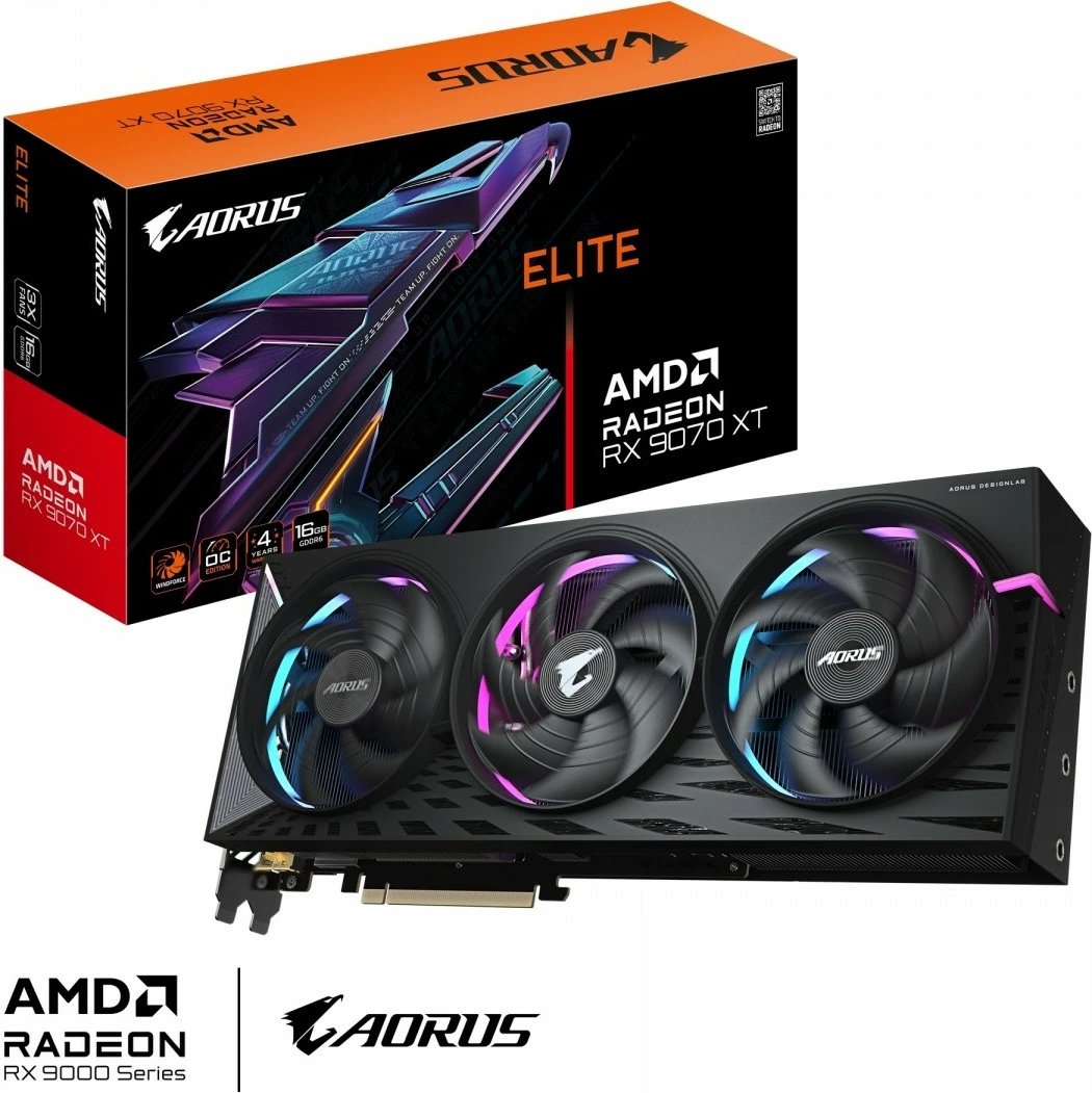 Kartelë grafike Gigabyte Radeon RX 9070 XT AORUS ELITE, 16GB GDDR6, 256-bit, 3 ventilatorë, e zezë