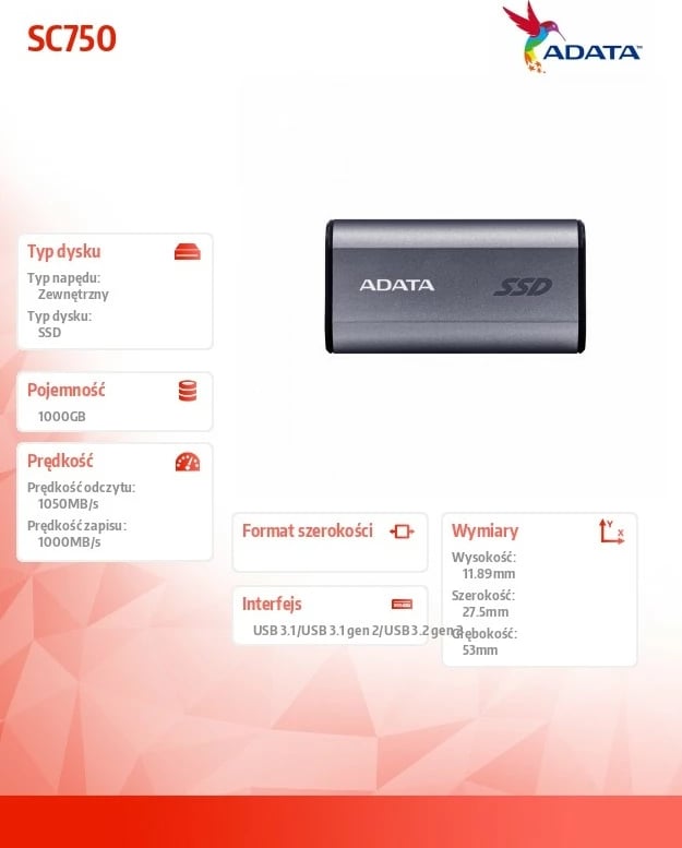 SSD i jashtëm Adata SC750, 1000 GB, USB 3.2, Titanium
