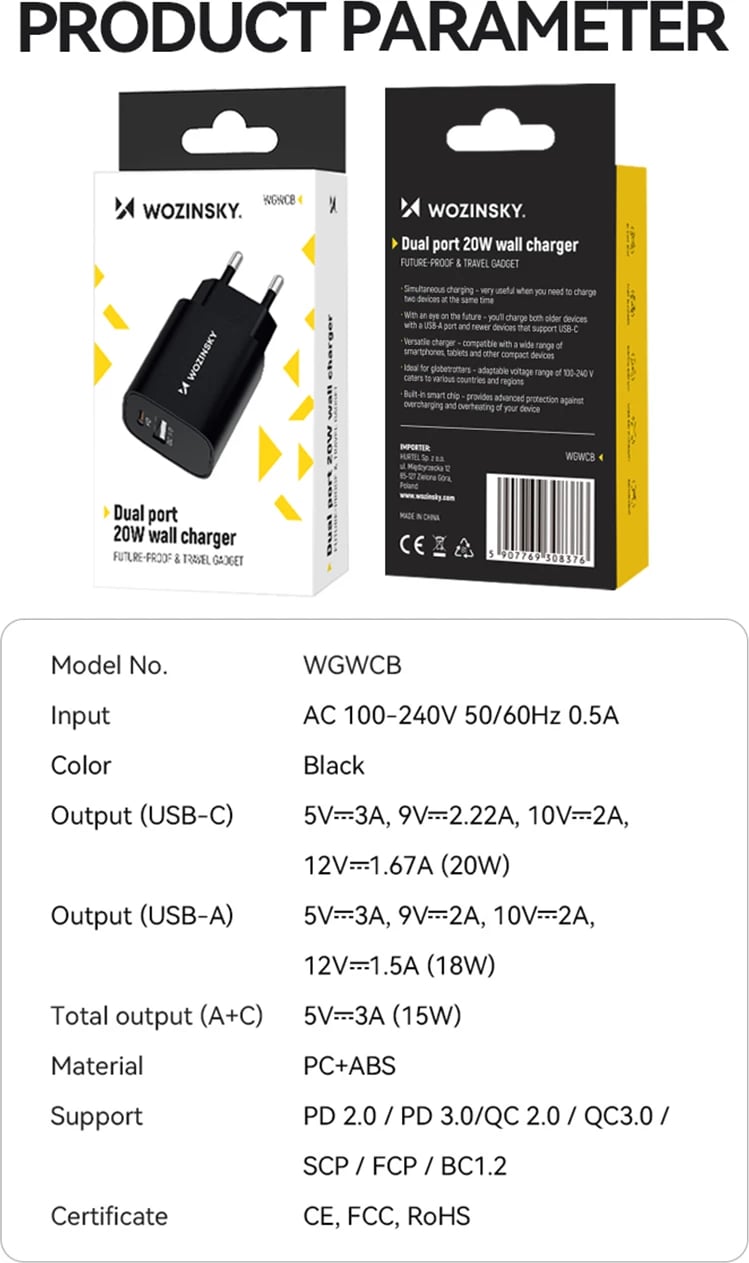 Karikues muri Wozinsky WGWCB, 20W, 2 porta USB-A/USB-C, i zi