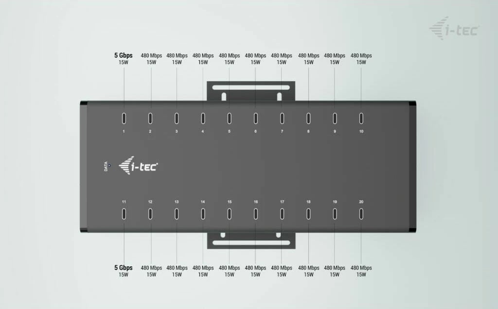 HUB USB-C/USB-A i-tec, 20 porta, 15W për port, 300W, i zi
