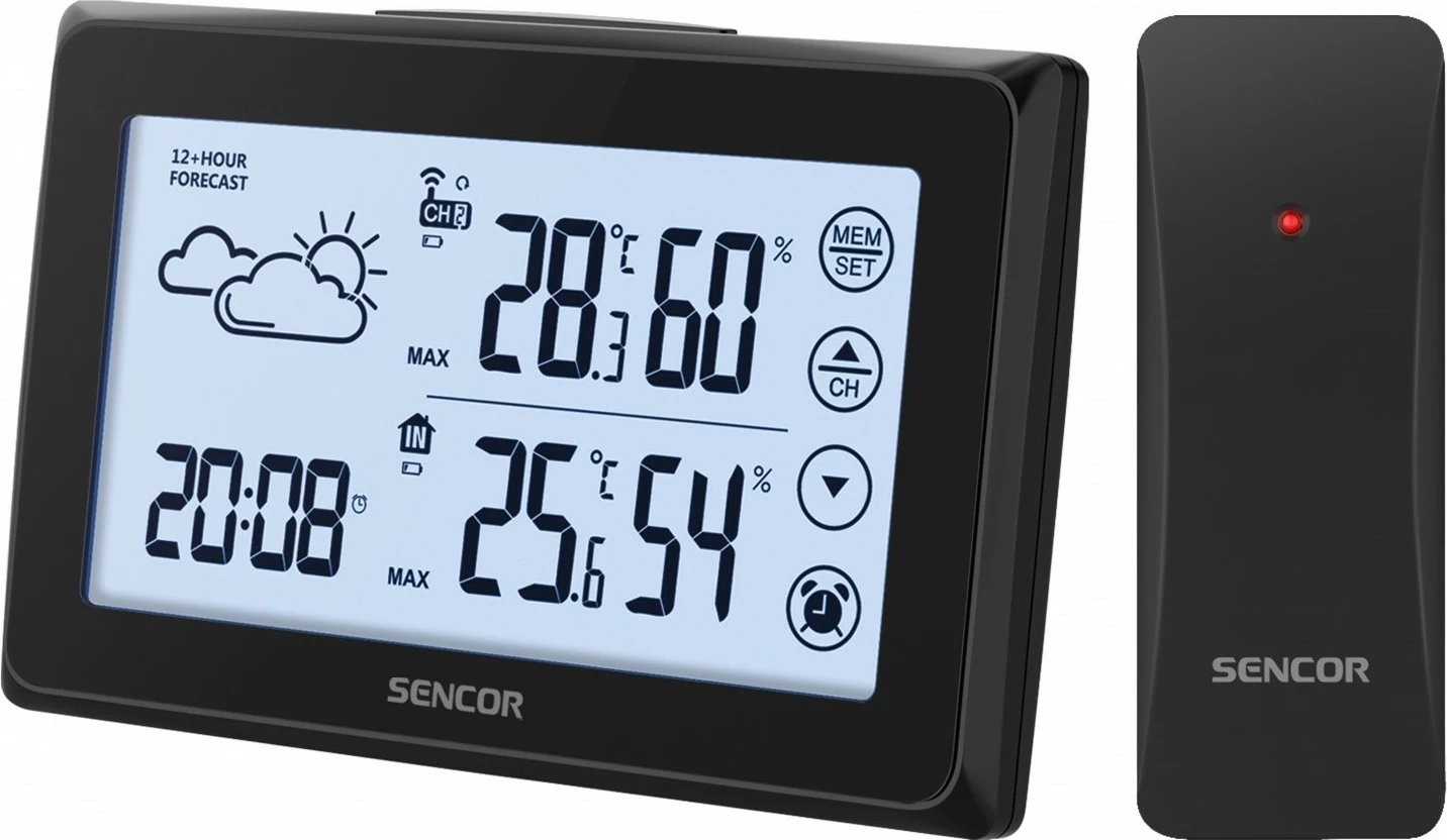 Stacion moti Sencor SWS 2850 me ekran me prekje, orë alarmi, 1 sensor i jashtëm, Zi