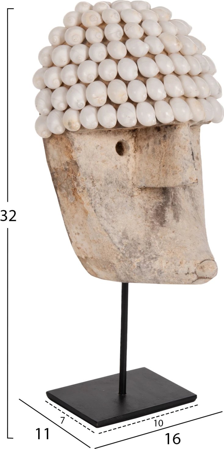 Dekor tavoline, fytyrë prej druri dhe guaskash, në qëndrim metalik të zi, FH4314, 16x11x32H cm