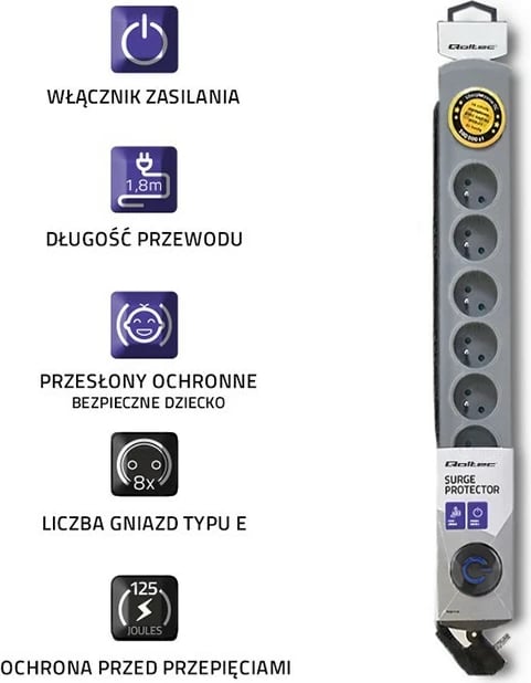 Kasë mbrojtëse Qoltec 50167 me 8 dalje, Quick Switch, 1.8m, Gri