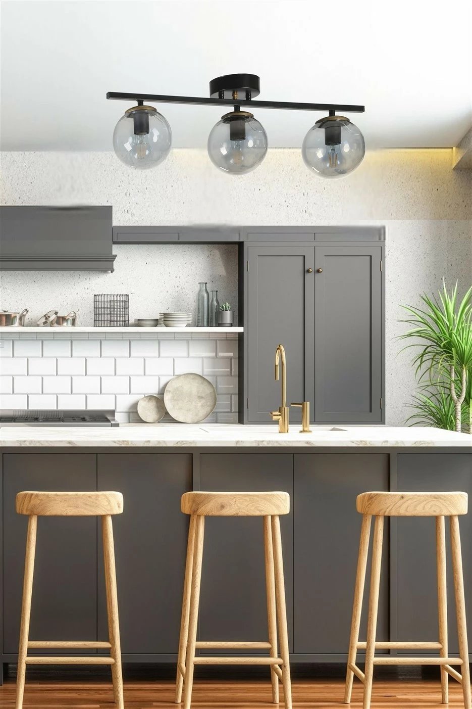 Llambë tavani Opviq, Yeni Can 3-sh, metal i zi, xham fume