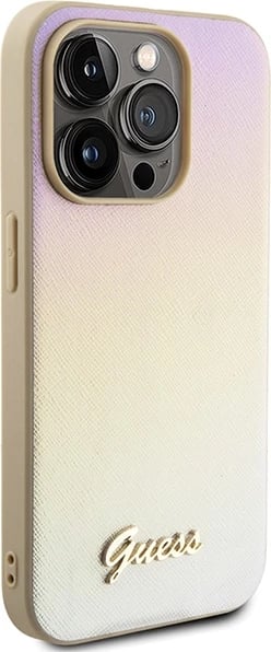 Mbështjellës Guess Saffiano Iridescent Script për iPhone 14 Pro, Gold