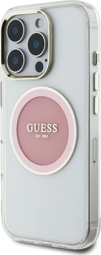 Mbështjellës Guess IML Metal Colored Circle Classic Logo MagSafe për iPhone 16 Pro, Rozë