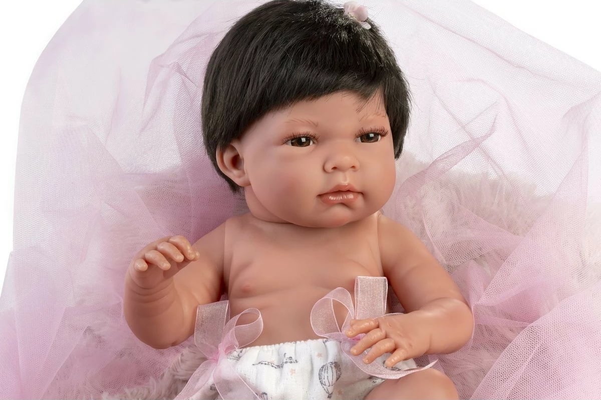 Kukull bebe Llorens Nica 40 cm, vinyl, set me jastëk dhe biberon