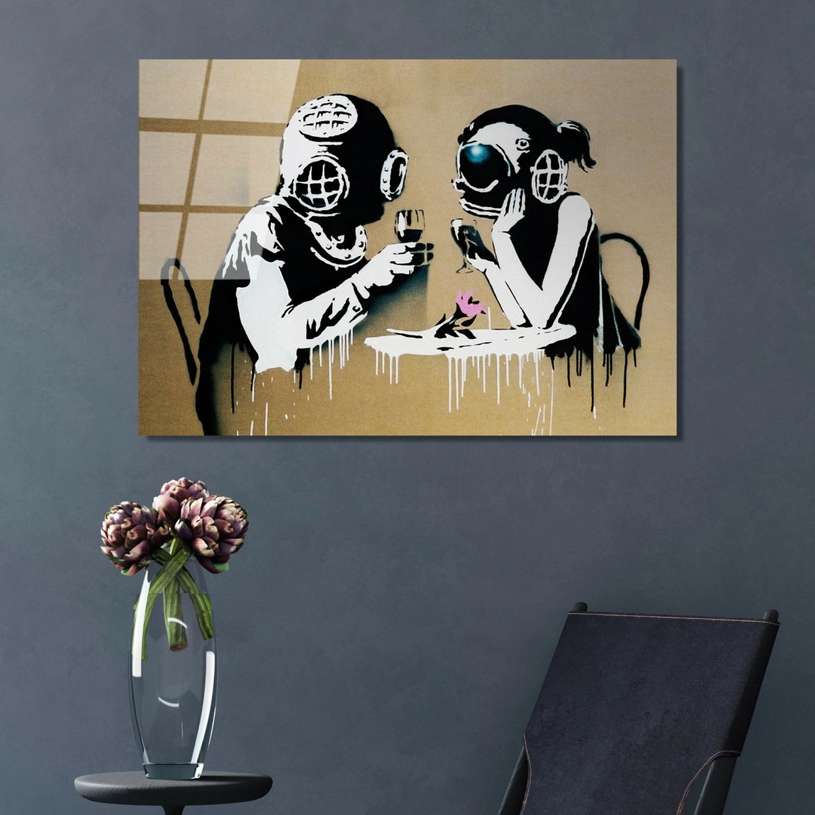 Pikturë dekorative prej xhami të temperuar, Banksy, shumëngjyrëshe, 45x65cm