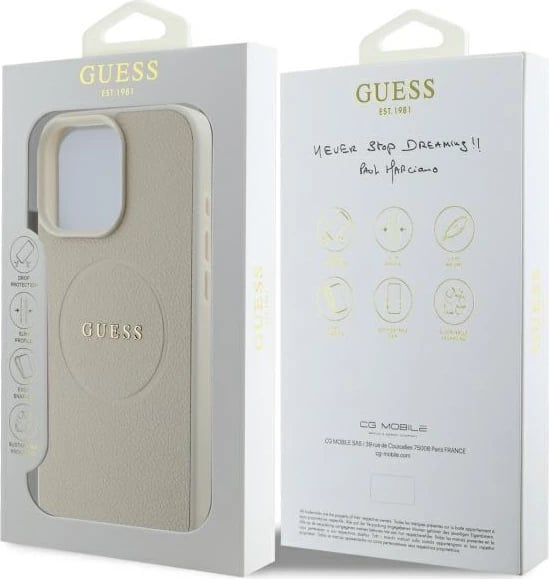 Mbështjellës Guess Grained Ring MagSafe për iPhone 16 Pro Max, Bezhe