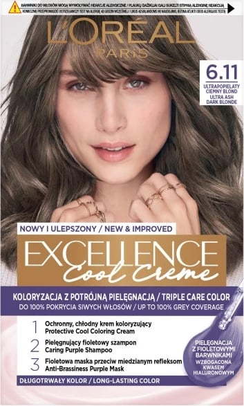 Ngjyrë për flokë për femra L'Oreal Paris Excellence Cool Creme 6.11 Ultrapopielaty Ciemny Blond, 1 copë