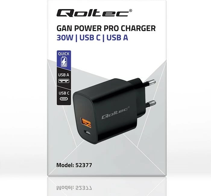 Karikues muri Qoltec GaN Power Pro, 30W, 1x USB-C, 1x USB, i zi