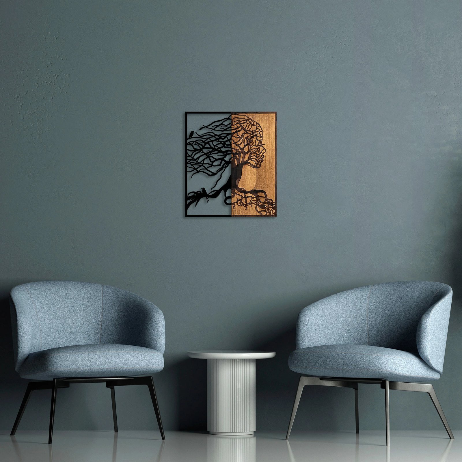 Aksesor dekorativ për mur, dru dhe metal, ngjyrë e zezë dhe arre, Wallity, pemë grua, 50x3x58cm