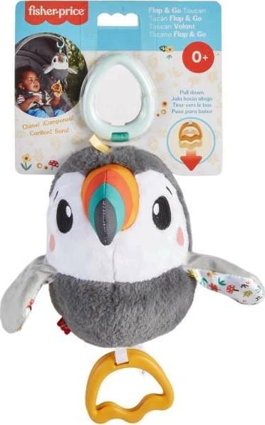 Lodër pelushi Fisher Price Flap & Go Toucan për karrocë, Gri/Bardhë
