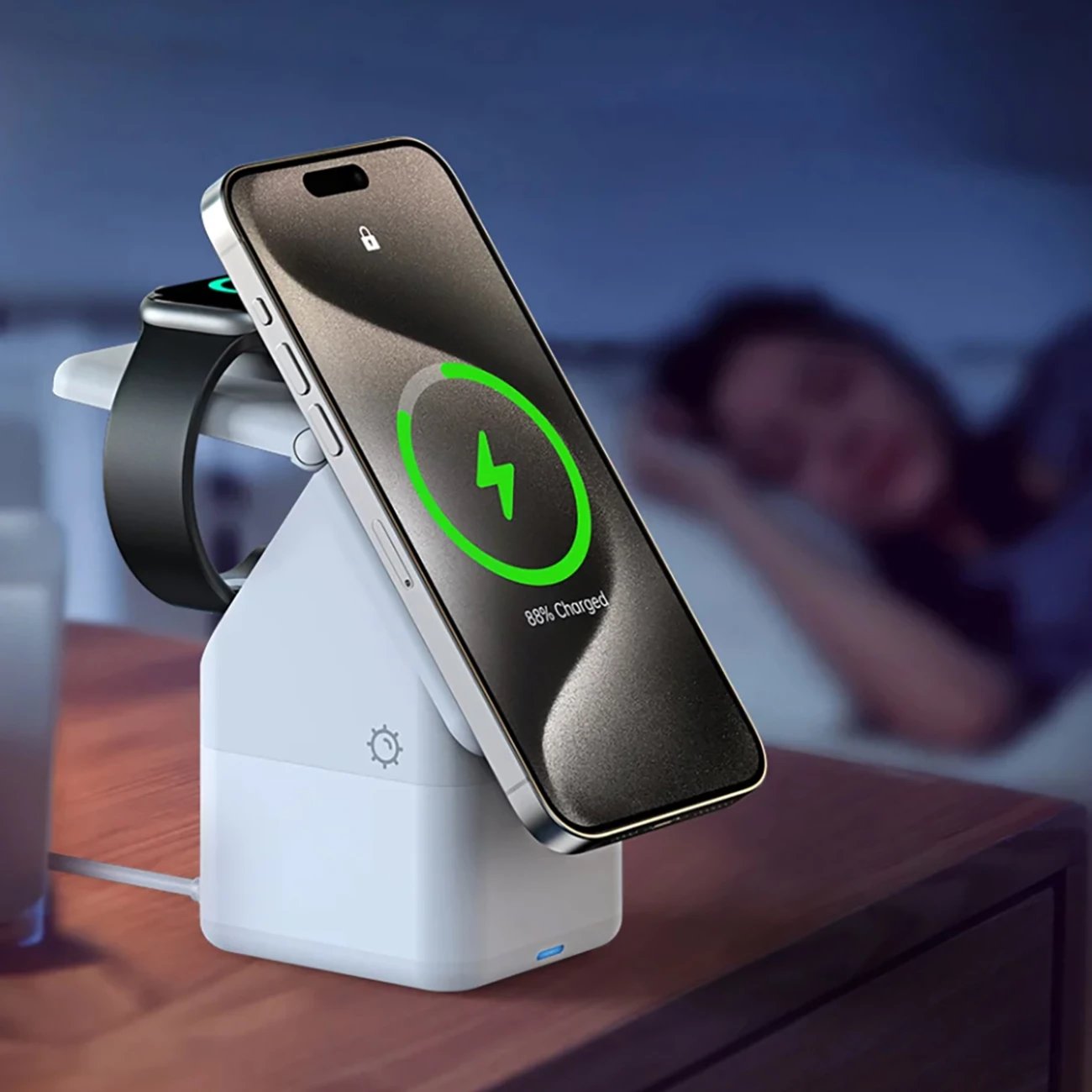 Karikues wireless Duzzona W20 4-në-1 me llambë nate, 15W, për iPhone/Apple Watch/AirPods, Bardhë