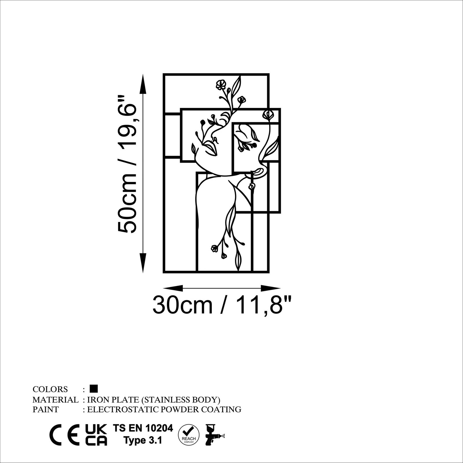 Aksesor dekorativ metalik për mur, Wallity, Flower Woman 1 - M, ngjyrë e zezë, 50x30cm