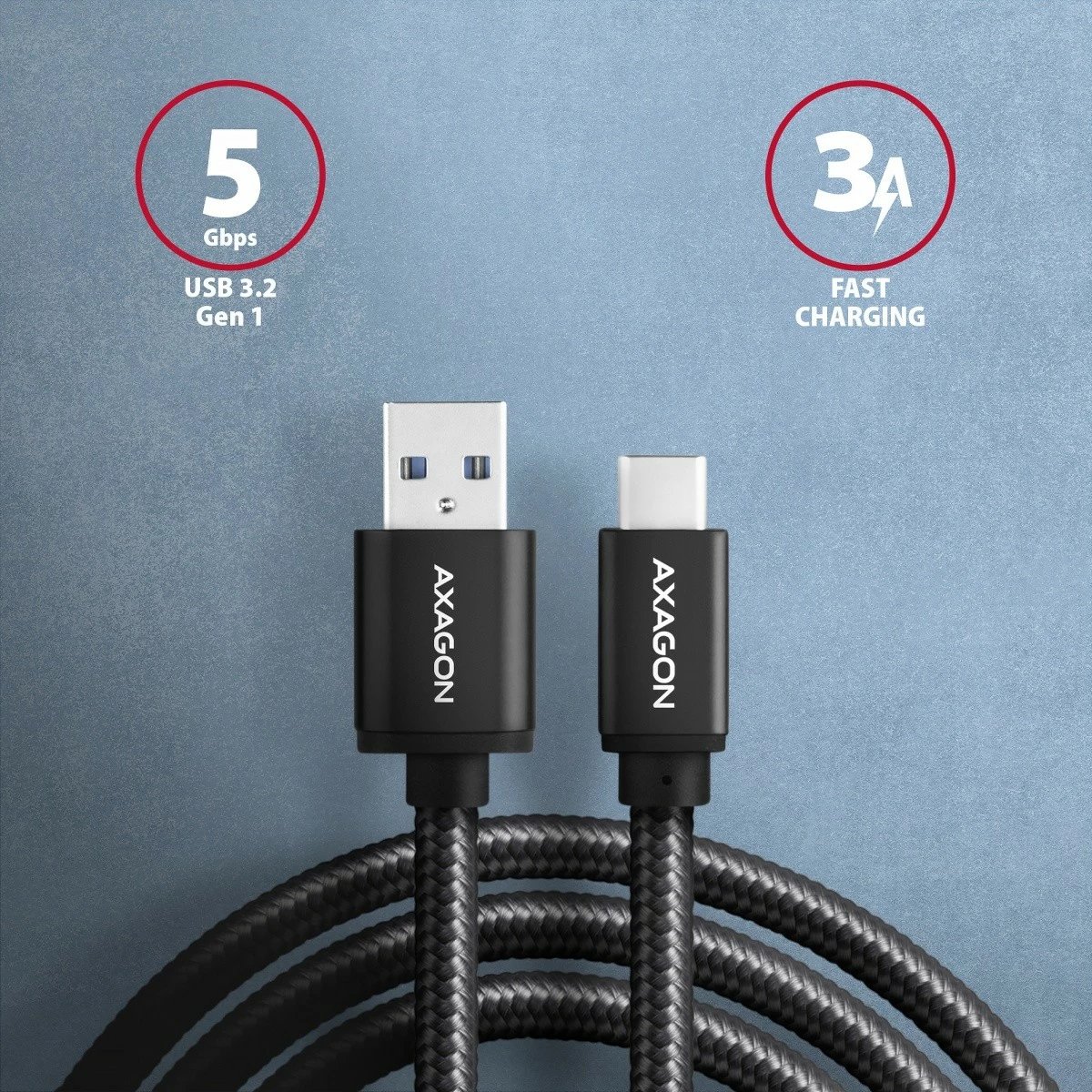 Kabllo AXAGON BUCM3-AM20AB USB-C në USB-A, 2m, 3A, i mbështjellë me najlon, Zi