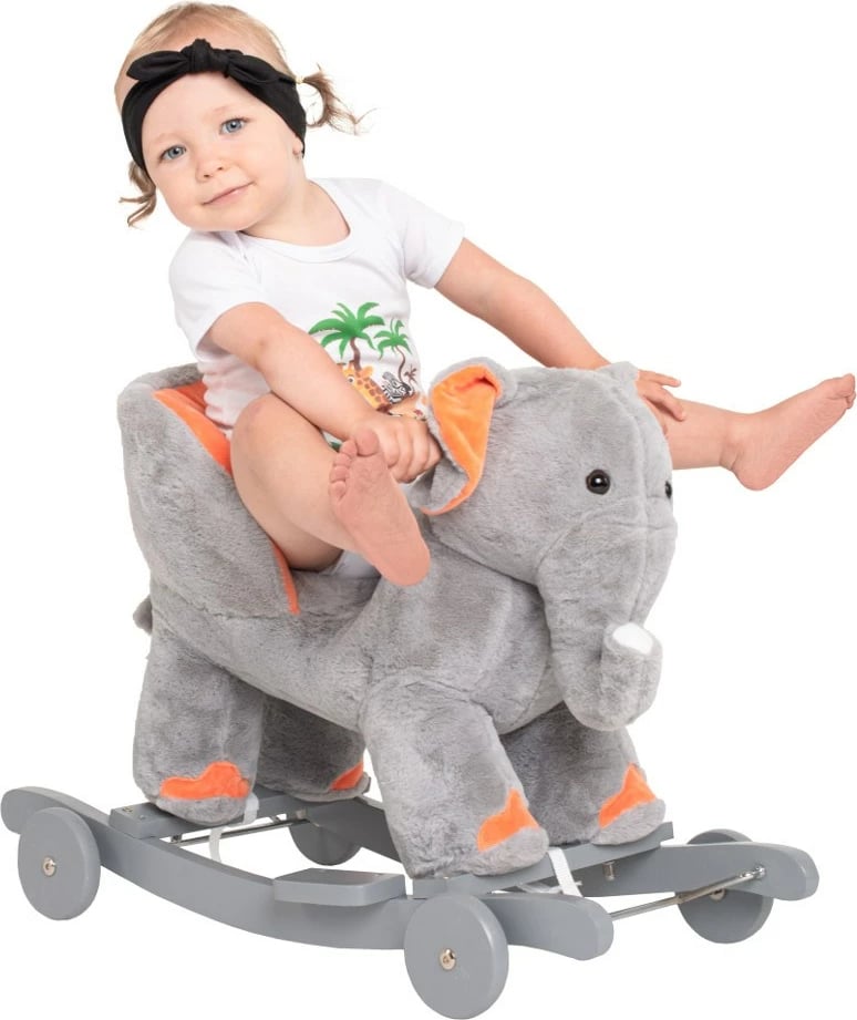 Lodër lëkundëse 2-në-1 me rrota dhe melodi, PLAYTO, Elephant, sedilje ergonomike, deri 30 kg, gri