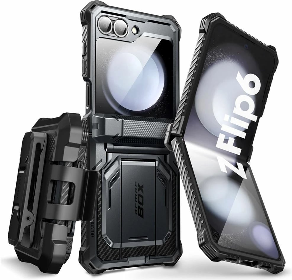 Mbështjellës Supcase ArmorBox për Samsung Galaxy Z Flip 6, i zi, me klip rripi