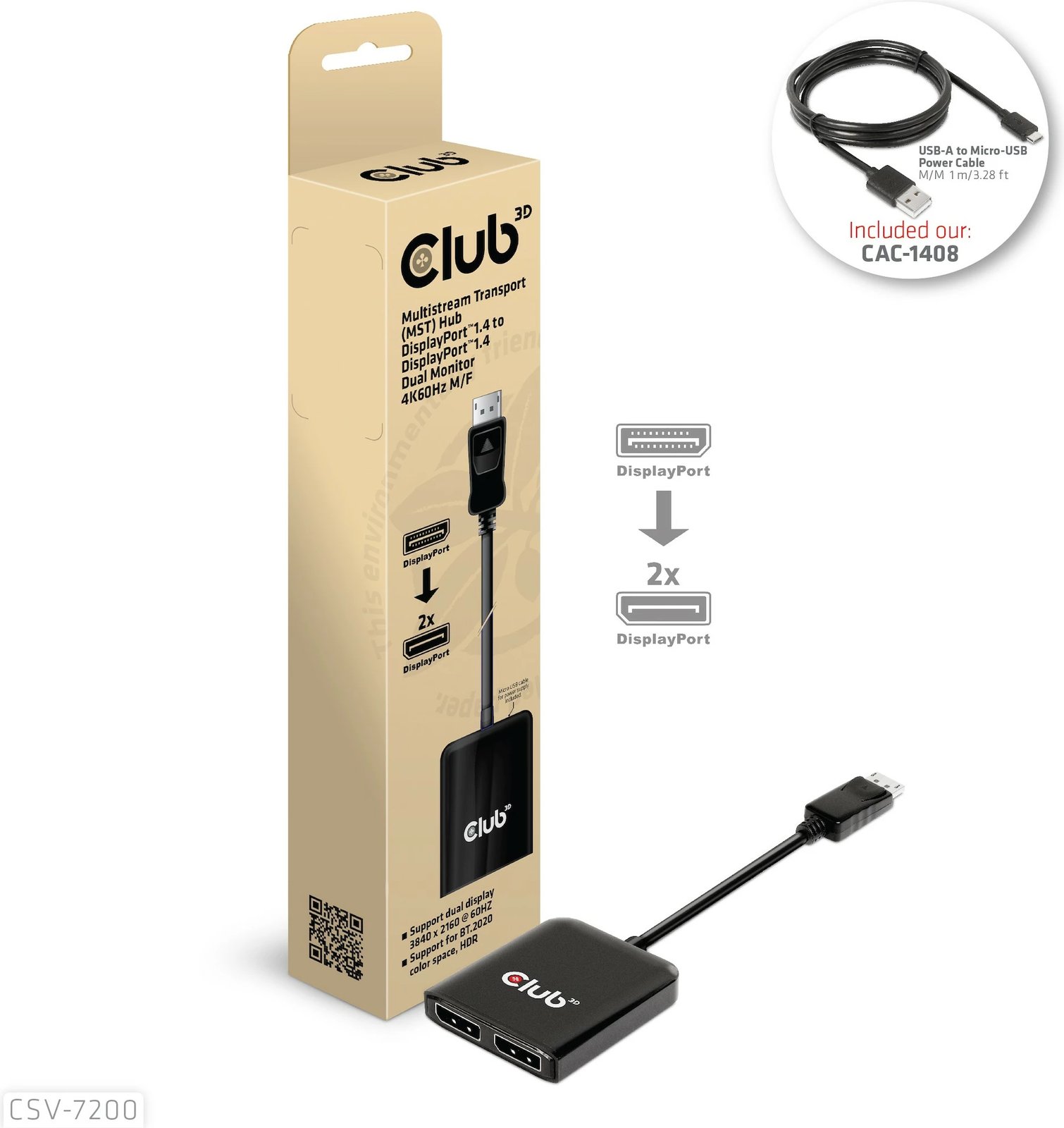 Adapter DisplayPort Club3D Multi Streaming Transport Hub 1xDP në 2xDP, 4K, i zi