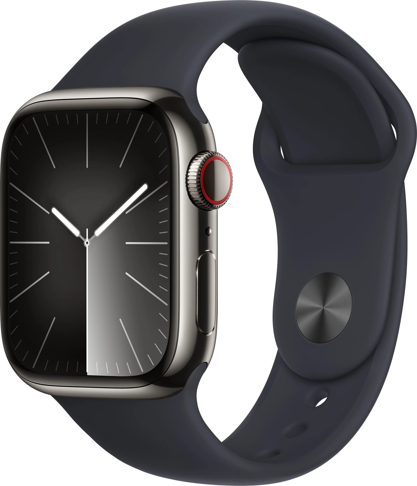 Smartwatch Apple, Seria 9 41mm me kasë prej çeliku inox në ngjyrë argjendi dhe rrip sportiv në mesnatë