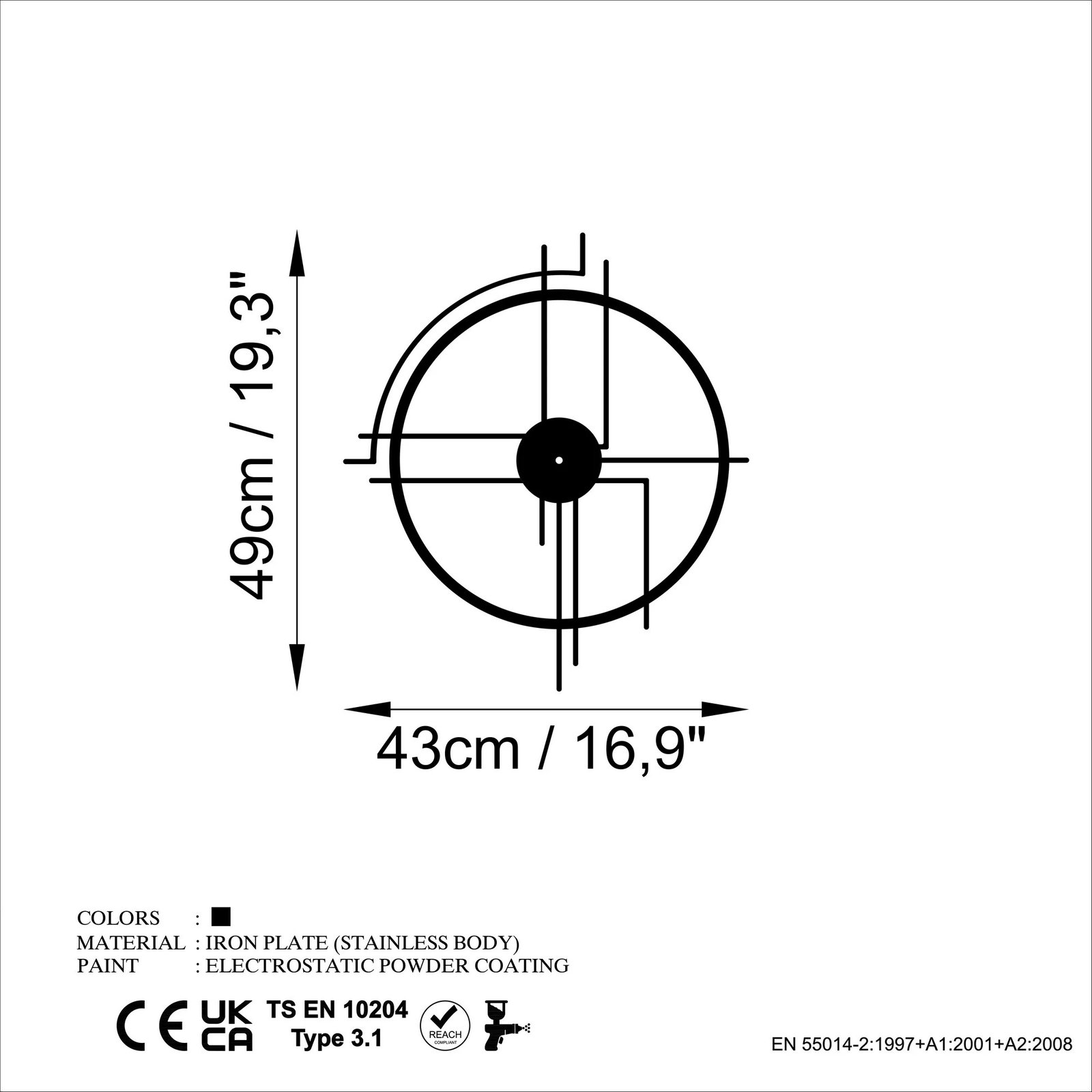 Orë muri dekorative prej metali Wallity, minimaliste, ngjyrë e zezë, 49x43cm