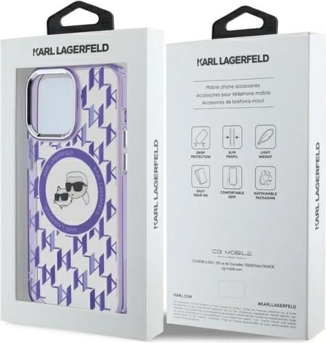 Mbështjellës Karl Lagerfeld IML Monogram Karl & Choupette Head MagSafe për iPhone 15 Pro Max, vjollcë